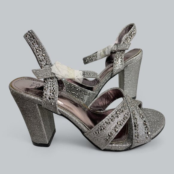 Valenti Franco Women's 7 Strappy Sandal Pewter Glitter Beaded High Heel Shoes - Picture 3 of 13